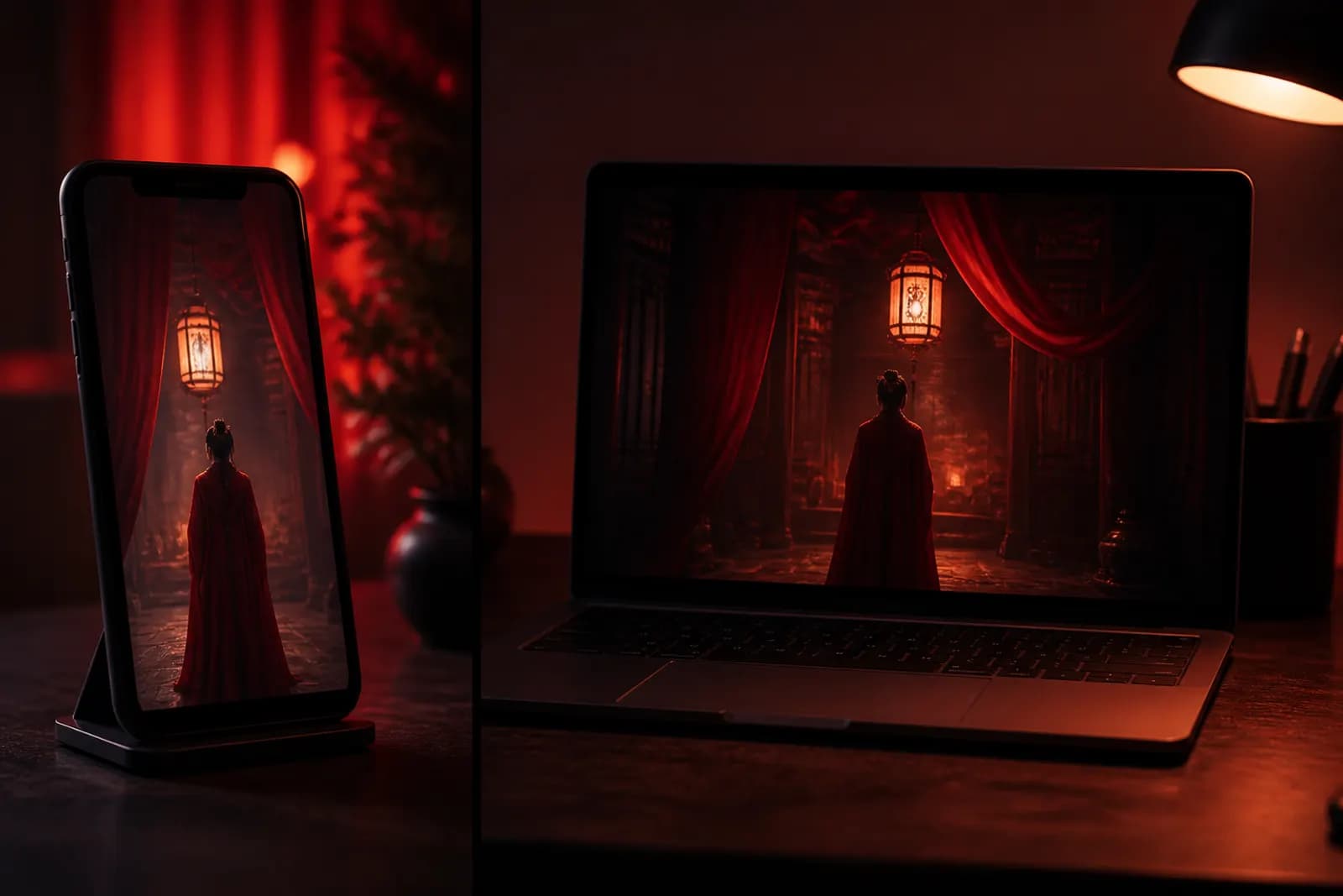 Phone and laptop playing the same vertical short drama