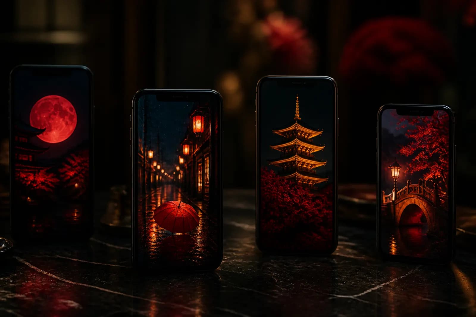 Phones on a dark table showing glowing short drama scenes