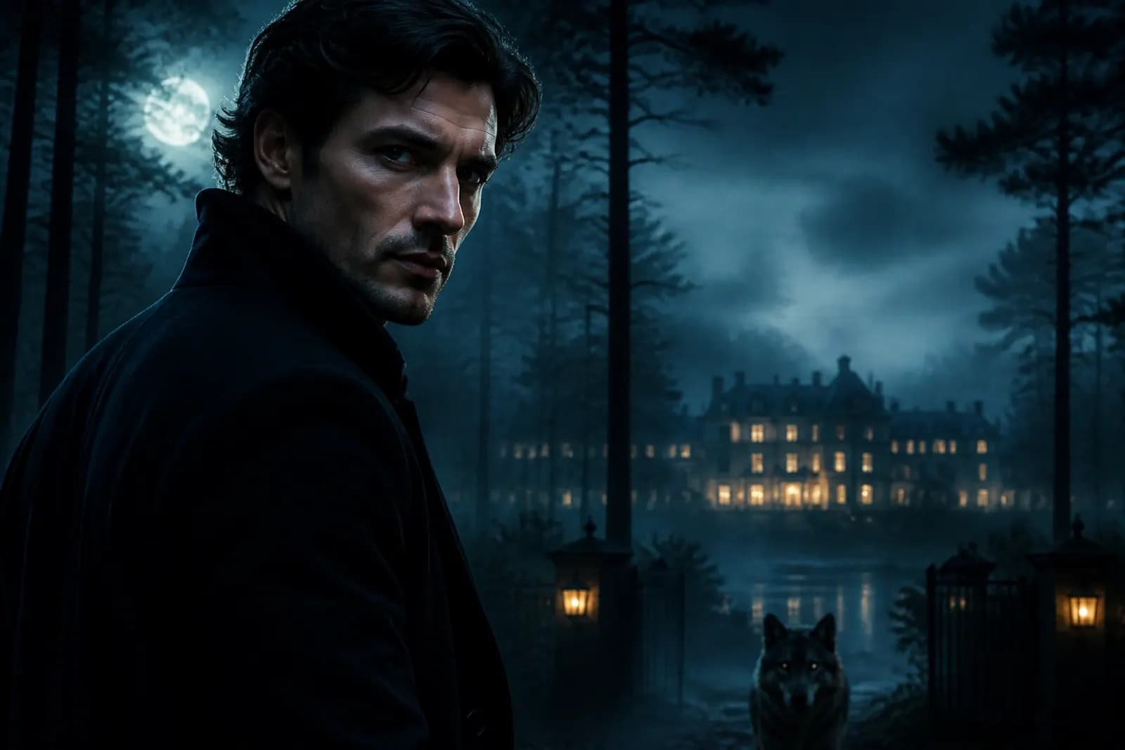 Moody forest night scene with mansion lights in the distance